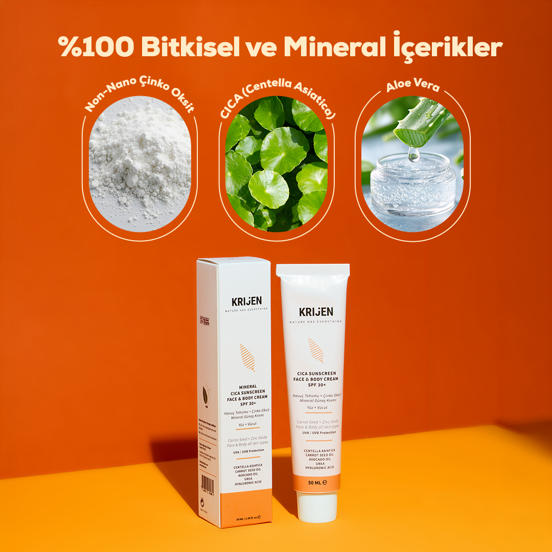 30+ SPF Güneş Koruyucu CICA Yüz ve Vücut Kremi | Çinko Minerali + Aloe Vera + Doğal Yağlar