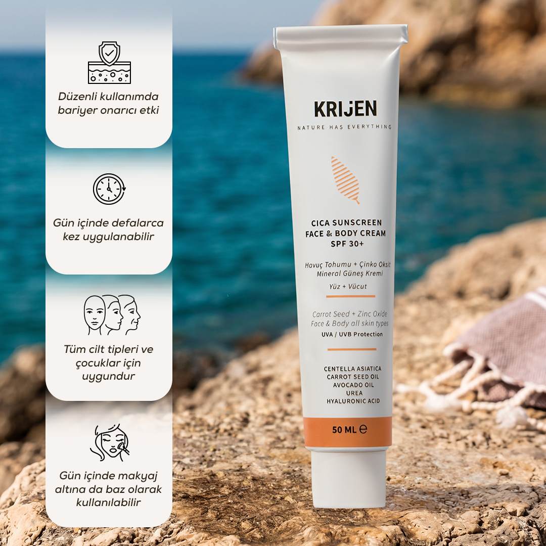 30+ SPF Güneş Koruyucu CICA Yüz ve Vücut Kremi | Çinko Minerali + Aloe Vera + Doğal Yağlar