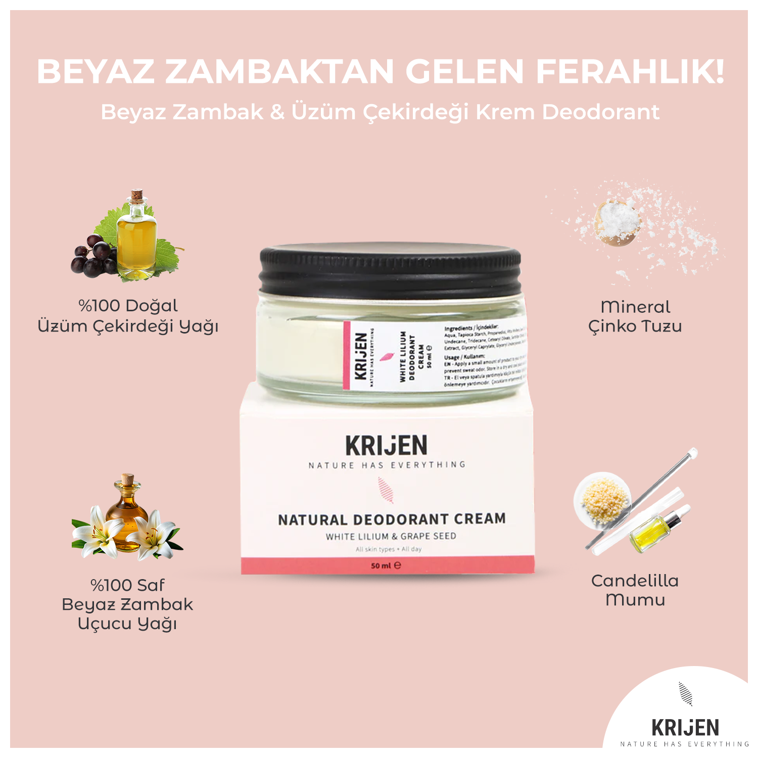 Beyaz Zambak & Üzüm Çekirdeği Krem Deodorant | Aluminyum İçermez + Mineral + Doğal Yağlar