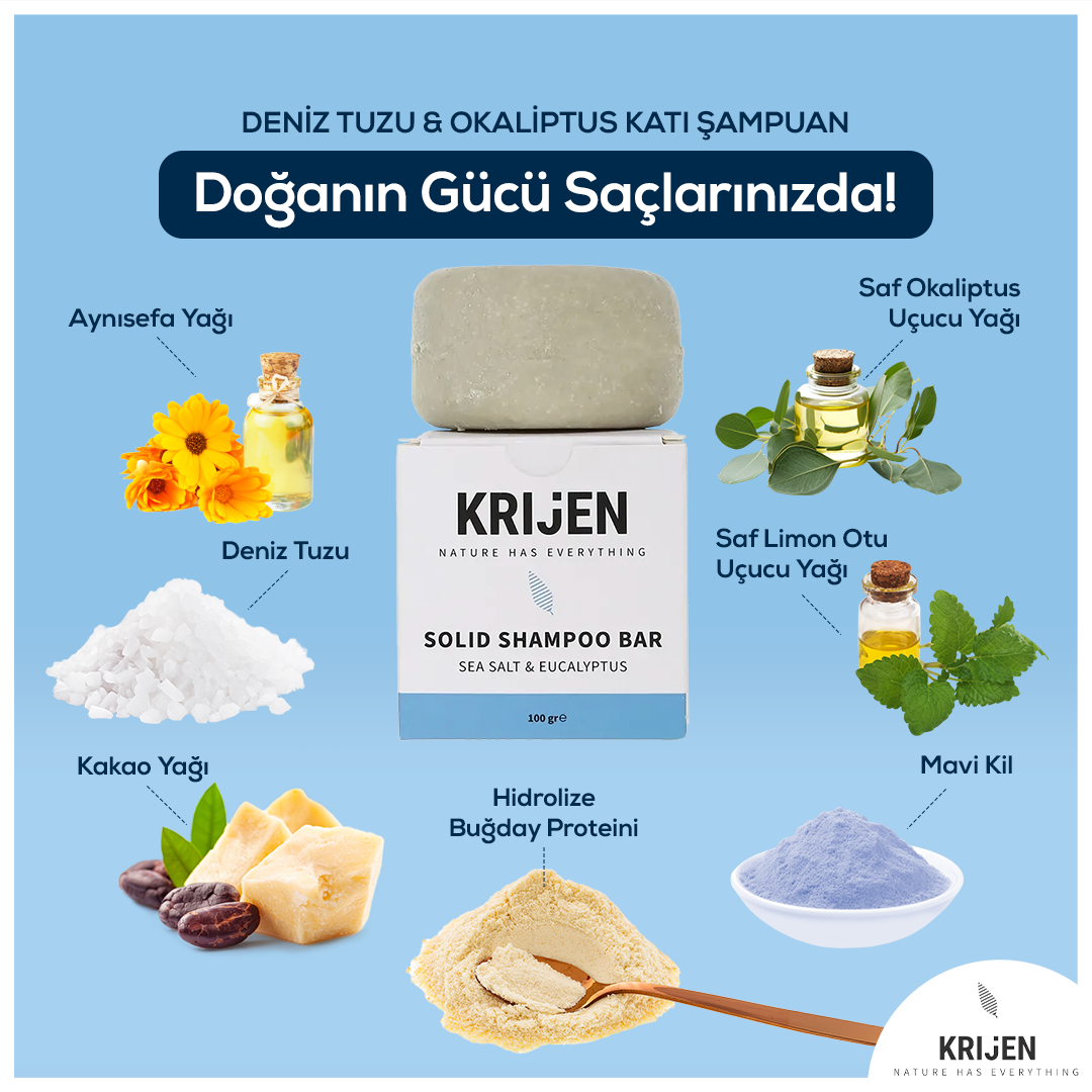 Deniz Tuzu & Okaliptus Katı Şampuan | Bitkisel Keratin + E Vitamini + Panthenol + Doğal Yağlar