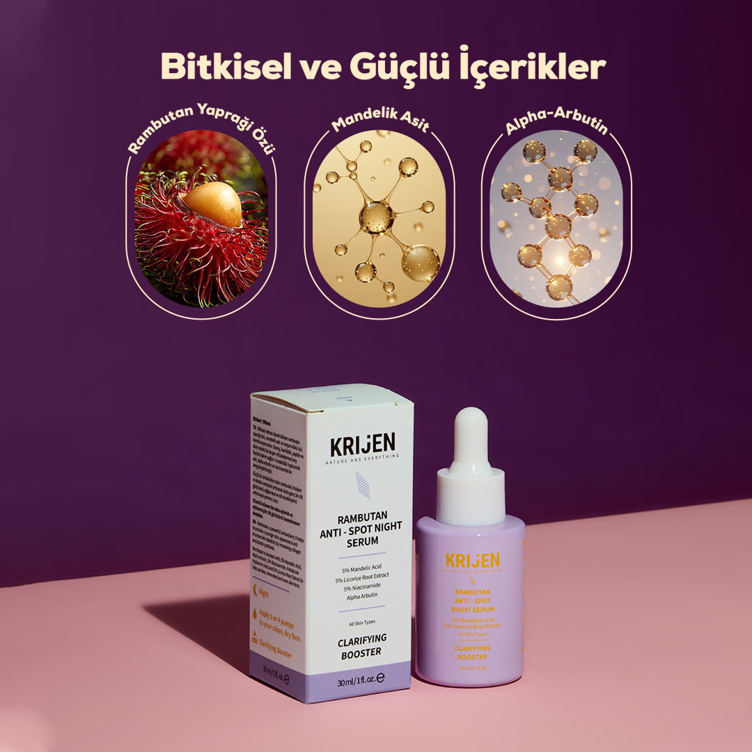 Rambutan Anti - Spot Cilt Tonu Eşitleyici Gece Serum | Bitkisel Retinol + Alpha-Arbutin + Mandelik Asit