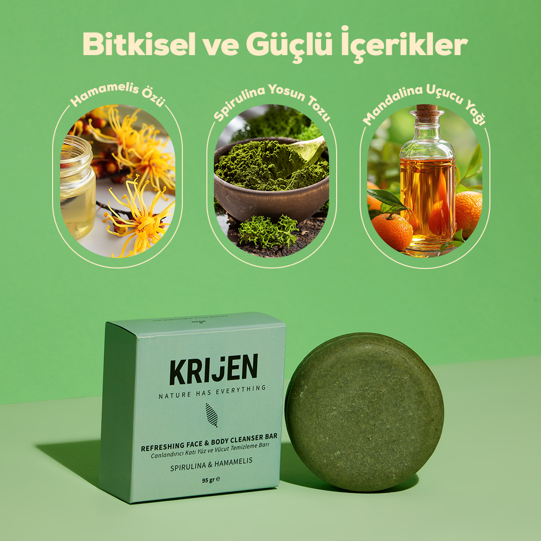 Canlandırıcı Etkili Spirulina & Hamamelis Yüz ve Vücut Temizleme Barı | Greyfurt Yağı + Mandalina Yağı