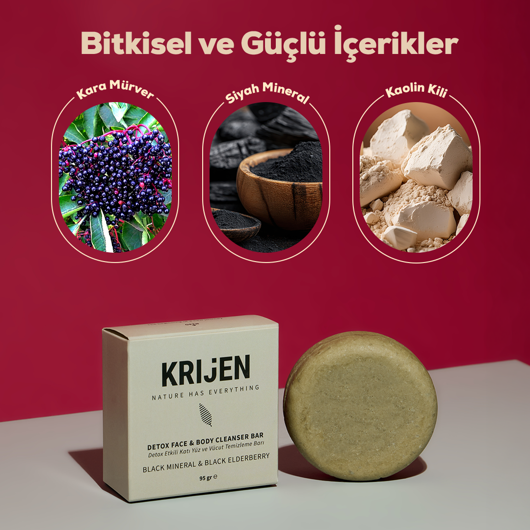 Detox Etkili Siyah Mineral & Kara Mürver Yüz ve Vücut Temizleme Barı | Karamürver Özü + Kaolin Kili