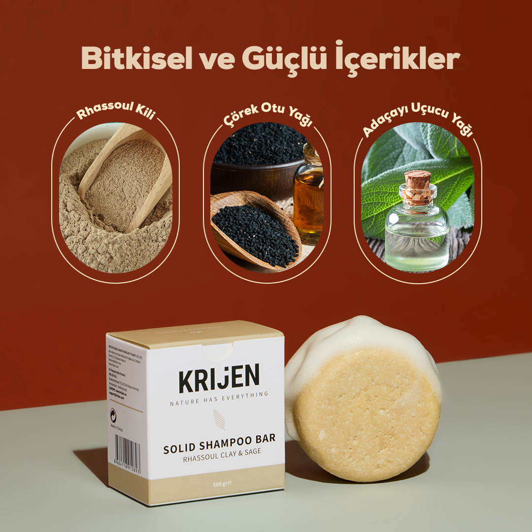 Rhassoul Kili & Adaçayı Katı Şampuan 100 Gr | Bitkisel Keratin + Panthenol