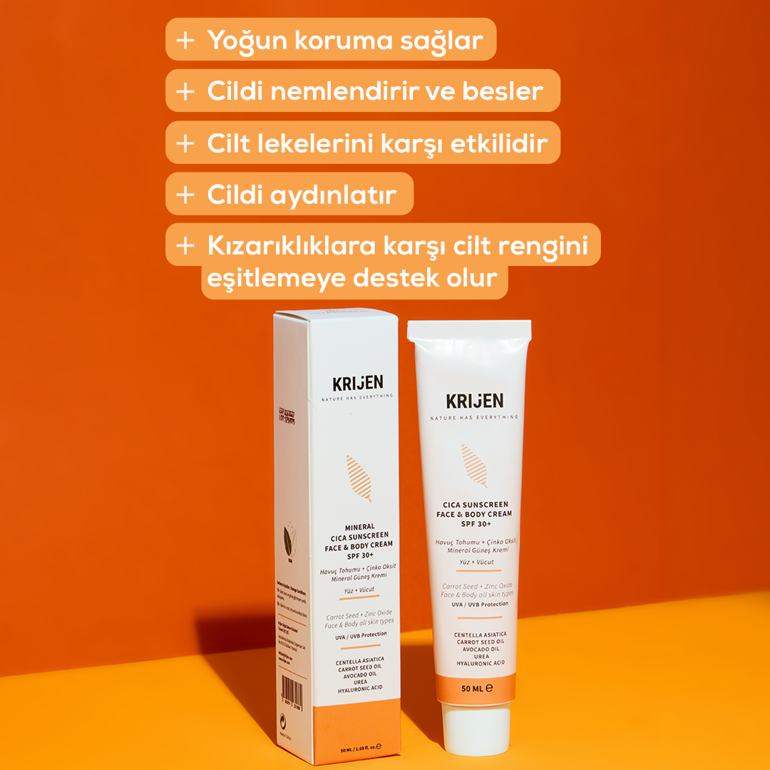 30+ SPF Güneş Koruyucu CICA Yüz ve Vücut Kremi | Çinko Minerali + Aloe Vera + Doğal Yağlar