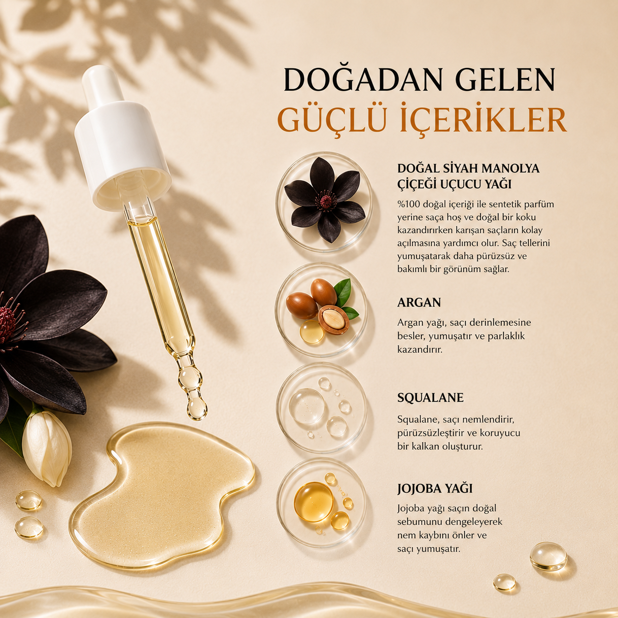Siyah Manolya Besleyici Saç Bakım Yağı | Anti-Frizz & Parlak Görünüm 30 ml