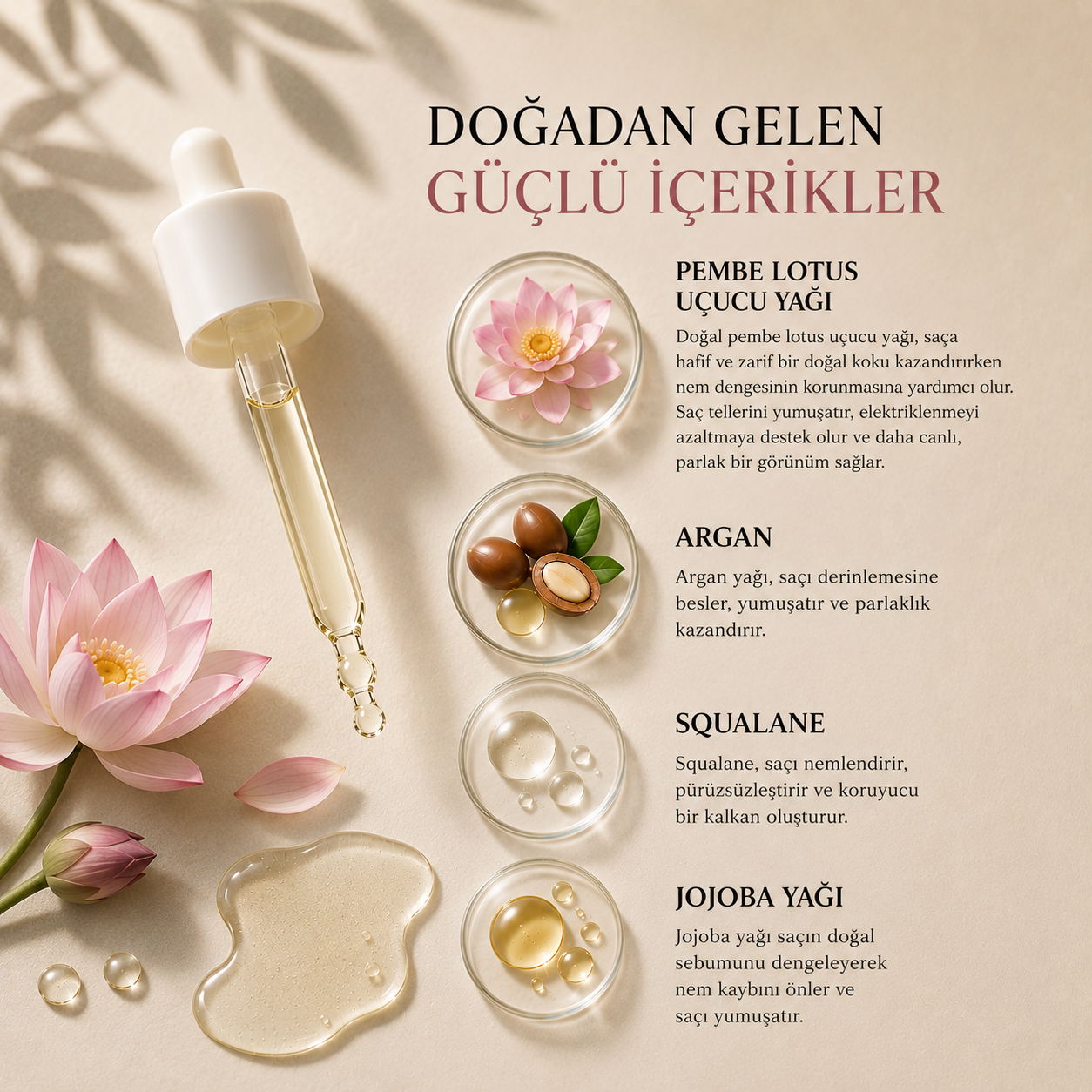Pembe Lotus Besleyici Saç Bakım Yağı | Anti-Frizz & Parlak Görünüm 30 ml